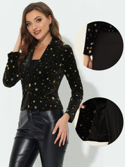Metallic Star Single Button Velvet Lapel Crop Blazer