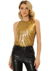 Shiny Sleeveless Camisole Club Shimmer Metallic Tank Top
