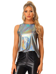 Shiny Sleeveless Camisole Club Shimmer Metallic Tank Top