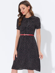 Peter Pan Collar Tie Neck Short Sleeve A-Line Belted Floral Dress