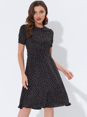 Peter Pan Collar Tie Neck Short Sleeve A-Line Belted Floral Dress