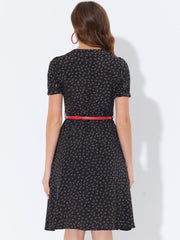 Peter Pan Collar Tie Neck Short Sleeve A-Line Belted Floral Dress