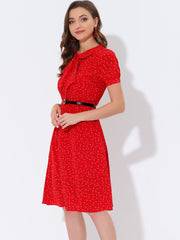 Peter Pan Collar Tie Neck Short Sleeve A-Line Belted Floral Dress