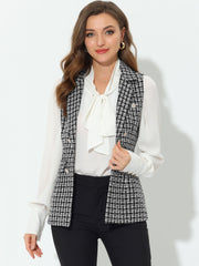 Tweed Open Front Plaid Sleeveless Cardigan Blazer Jacket Vest