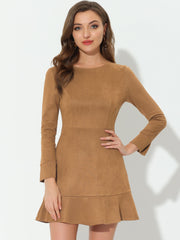 Faux Suede Round Neck Long Sleeve Ruffle Hem Party Mini Dress