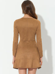 Faux Suede Round Neck Long Sleeve Ruffle Hem Party Mini Dress