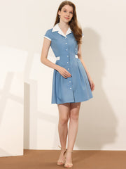 Retro Button Down Flat Collar Belted Office Mini Shirt Dress