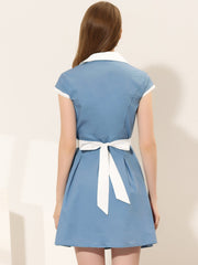 Retro Button Down Flat Collar Belted Office Mini Shirt Dress