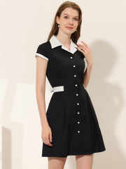 Retro Button Down Flat Collar Belted Office Mini Shirt Dress