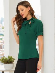 Bow Tie Neck Elegant Office Short Sleeve Blouse