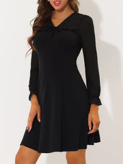 Ruffle V Neck Mesh Sheer Panel Long Sleeve Chiffon Mini Dress