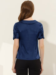 Work Top Turndown Collar Button Decor Short Sleeve Satin Blouse