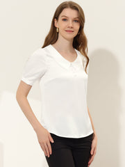 Work Top Turndown Collar Button Decor Short Sleeve Satin Blouse