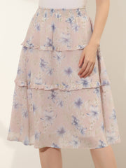 Floral Smocked Elastic Waist Knee Length Ruffle Tiered Skirt