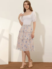 Floral Smocked Elastic Waist Knee Length Ruffle Tiered Skirt