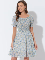 Summer Square Neck Off Shoulder A-Line Smocked Chiffon Floral Dress