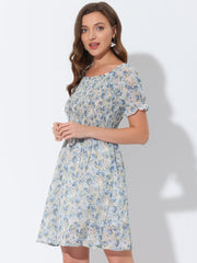 Summer Square Neck Off Shoulder A-Line Smocked Chiffon Floral Dress