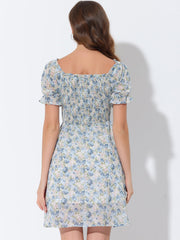 Summer Square Neck Off Shoulder A-Line Smocked Chiffon Floral Dress