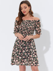 Summer Square Neck Off Shoulder A-Line Smocked Chiffon Floral Dress