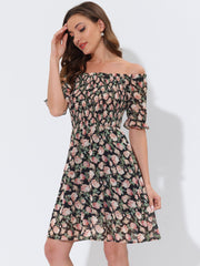 Summer Square Neck Off Shoulder A-Line Smocked Chiffon Floral Dress