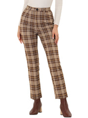 Plaid Cropped Trousers Button Casual Tartan Check Work Pants