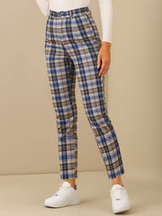Plaid Cropped Trousers Button Casual Tartan Check Work Pants