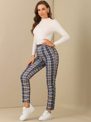 Plaid Cropped Trousers Button Casual Tartan Check Work Pants