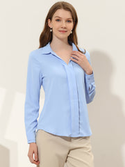 Satin V Neck Long Sleeve Silky Office Work Solid Shirt
