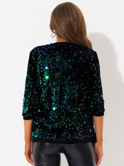Sequin Open Front Collarless 3/4 Sleeve Velvet Jacket