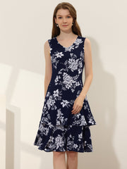 Work flower Print Contrast Panel 2pc Sets Chiffon V Neck Jacket Dress