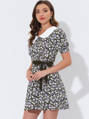 Peter Pan Collar Flowy Short Sleeve Ruffle Summer Floral Shirt Dress