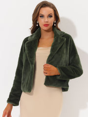 Allegra K Cropped Notch Lapel Faux Fur Fluffy Jacket