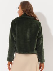 Allegra K Cropped Notch Lapel Faux Fur Fluffy Jacket