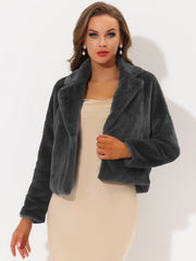 Allegra K Cropped Notch Lapel Faux Fur Fluffy Jacket