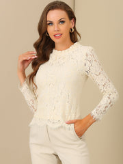 Lace Long Sleeve Ruffle Stand Neck Floral Blouse