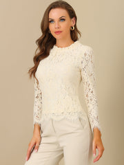 Lace Long Sleeve Ruffle Stand Neck Floral Blouse