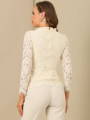 Lace Long Sleeve Ruffle Stand Neck Floral Blouse