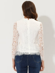 Lace Long Sleeve Ruffle Stand Neck Floral Blouse