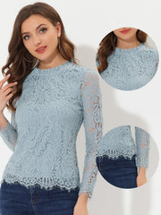 Lace Long Sleeve Ruffle Stand Neck Floral Blouse