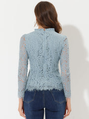 Lace Long Sleeve Ruffle Stand Neck Floral Blouse