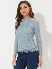 Lace Long Sleeve Ruffle Stand Neck Floral Blouse