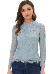 Lace Long Sleeve Ruffle Stand Neck Floral Blouse