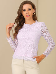 Lace Long Sleeve Ruffle Stand Neck Floral Blouse