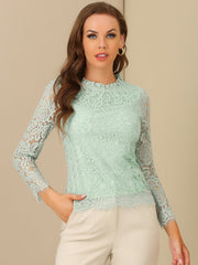 Lace Long Sleeve Ruffle Stand Neck Floral Blouse