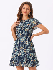 Ruffle Sleeve V Neck Above Knee A-Line Floral Chiffon Dress