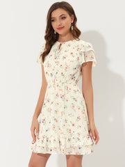 Ruffle Sleeve V Neck Above Knee A-Line Floral Chiffon Dress