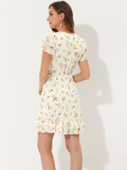 Ruffle Sleeve V Neck Above Knee A-Line Floral Chiffon Dress