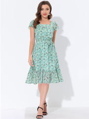 Floral Chiffon Flutter Sleeve Belted Square Neck Ruffled Hem Dress