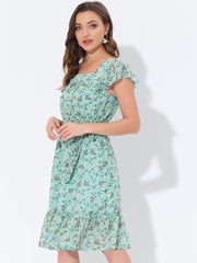 Floral Chiffon Flutter Sleeve Belted Square Neck Ruffled Hem Dress