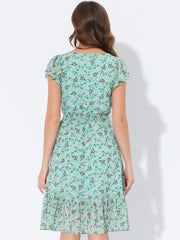 Floral Chiffon Flutter Sleeve Belted Square Neck Ruffled Hem Dress